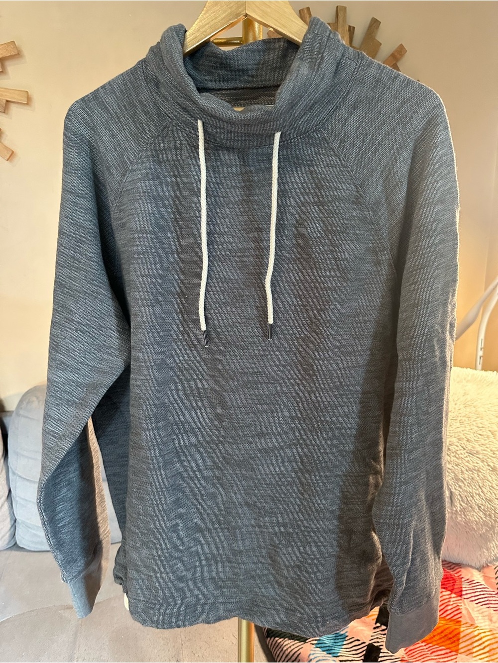 Express Men's Heather Gray Funnel Neck Hoodie with White Drawstrings